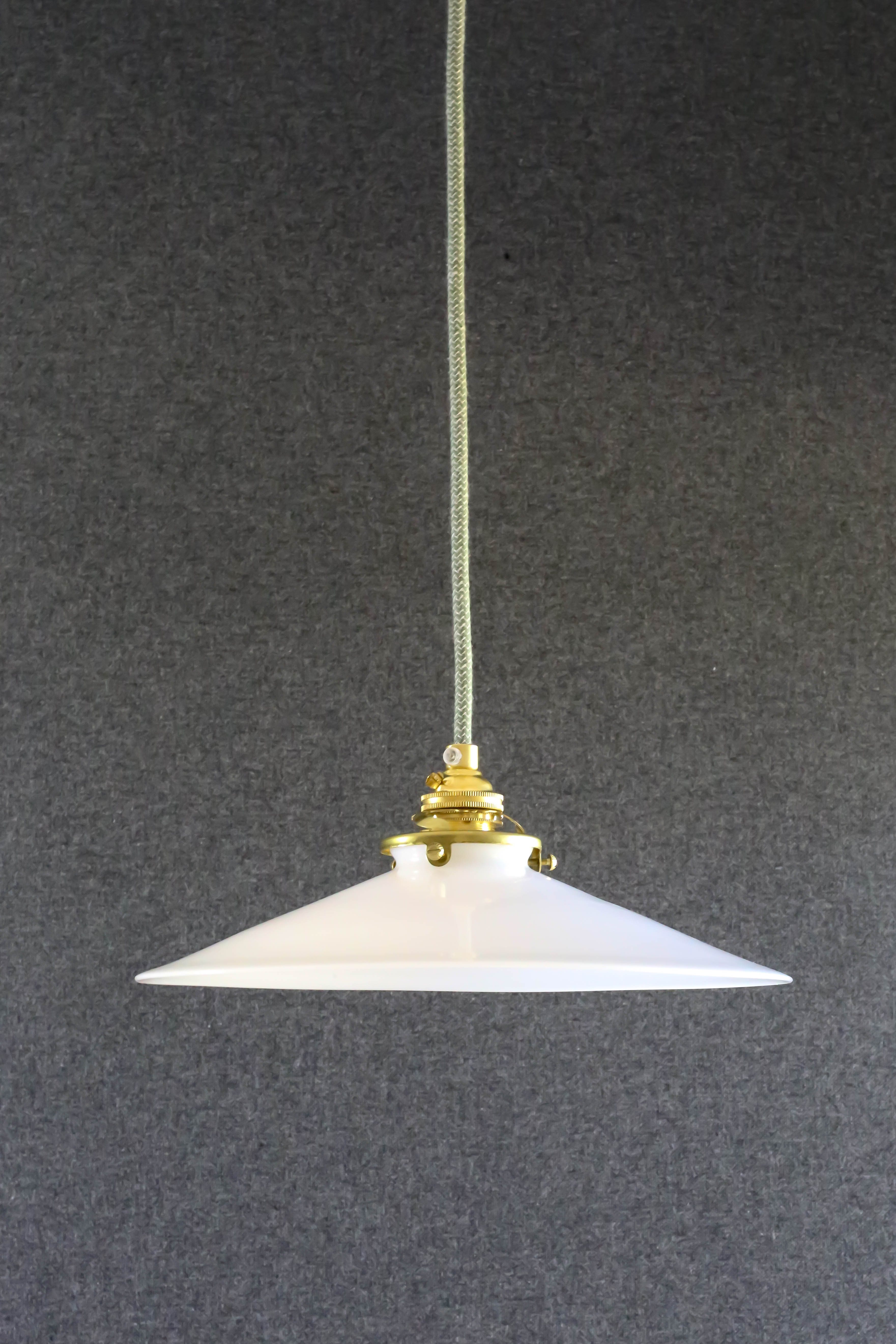 Smooth white opaline pendant lamp comes with a new cable and new brass socket