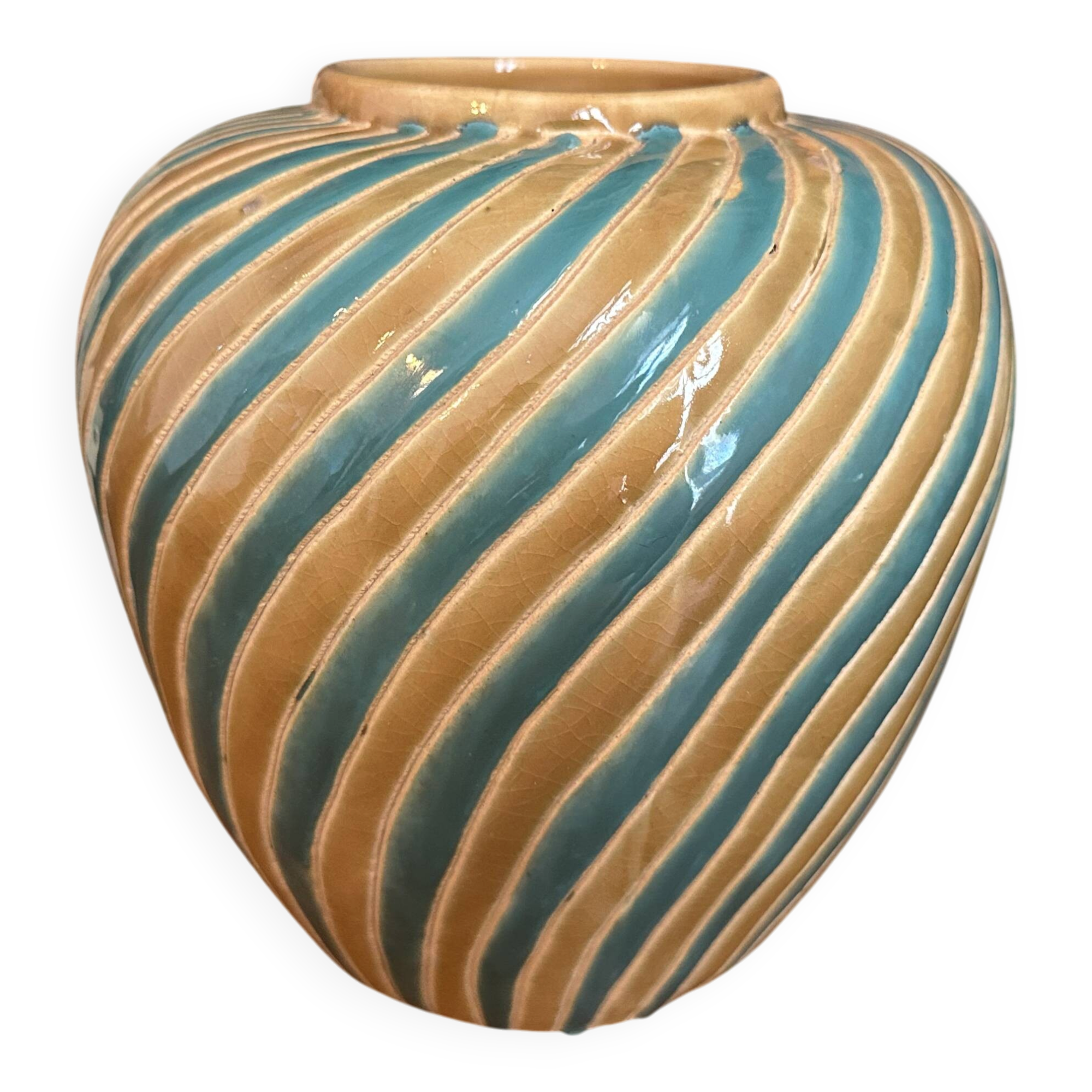 Ancien vase boule en céramique forme spirale vintage