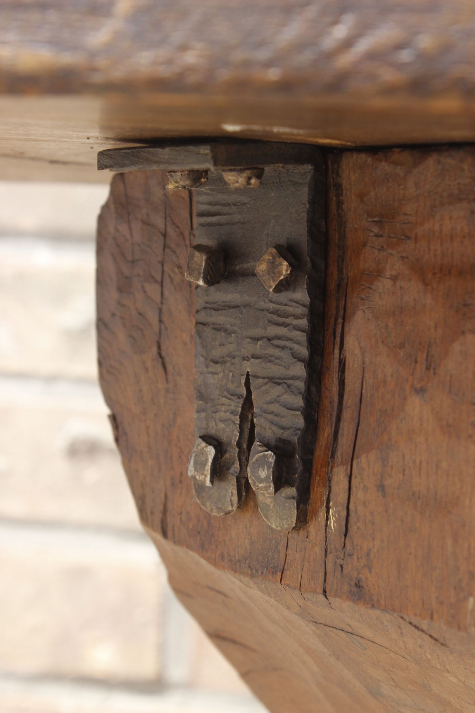 Brutalist console in solid wood worked with gouge & wrought iron, France 1950s