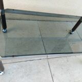 Vintage wooden serving trolley with smoked glass, chrome metal and wood