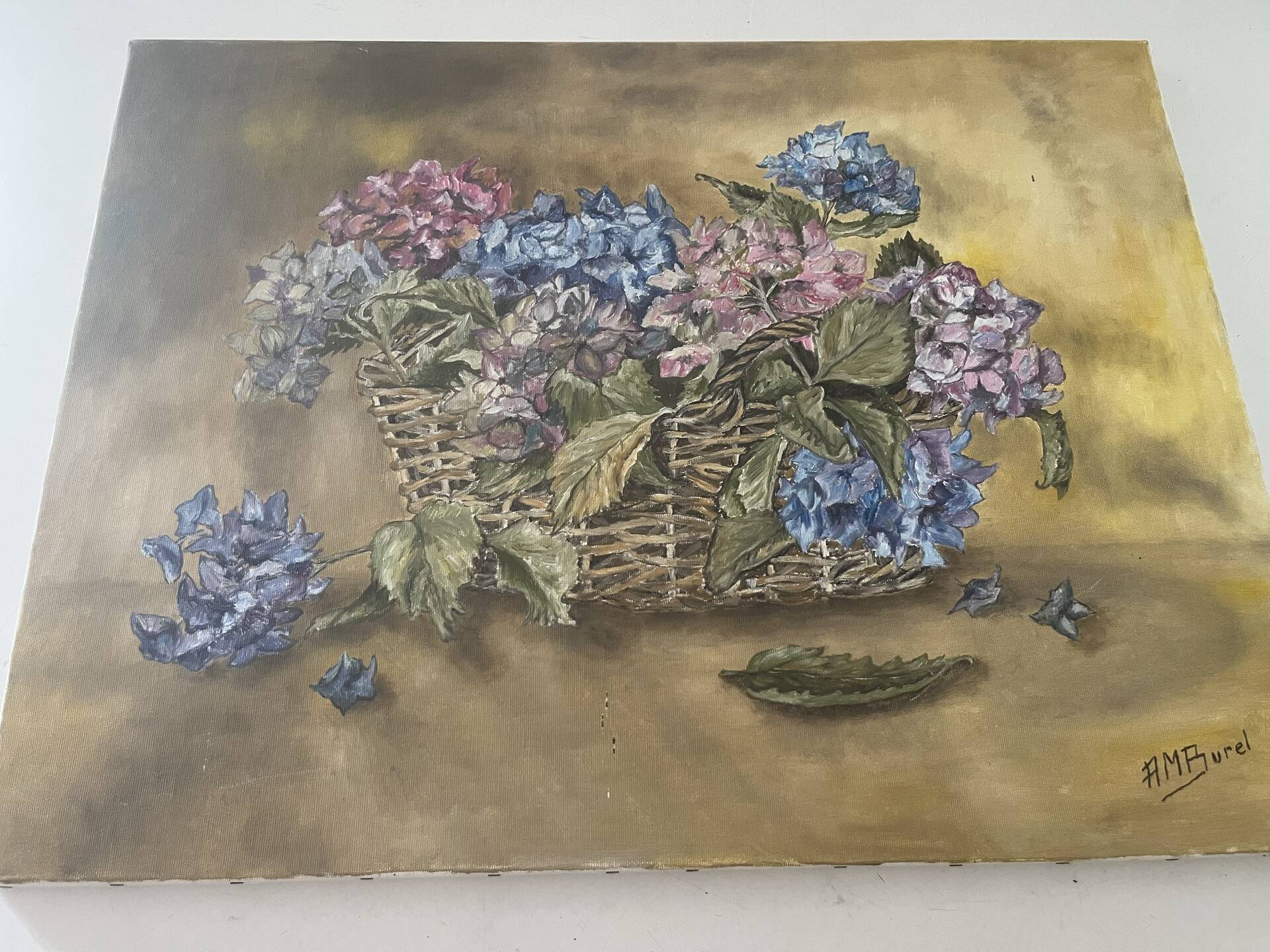 Old oil on canvas bouquet of hydrangeas signed