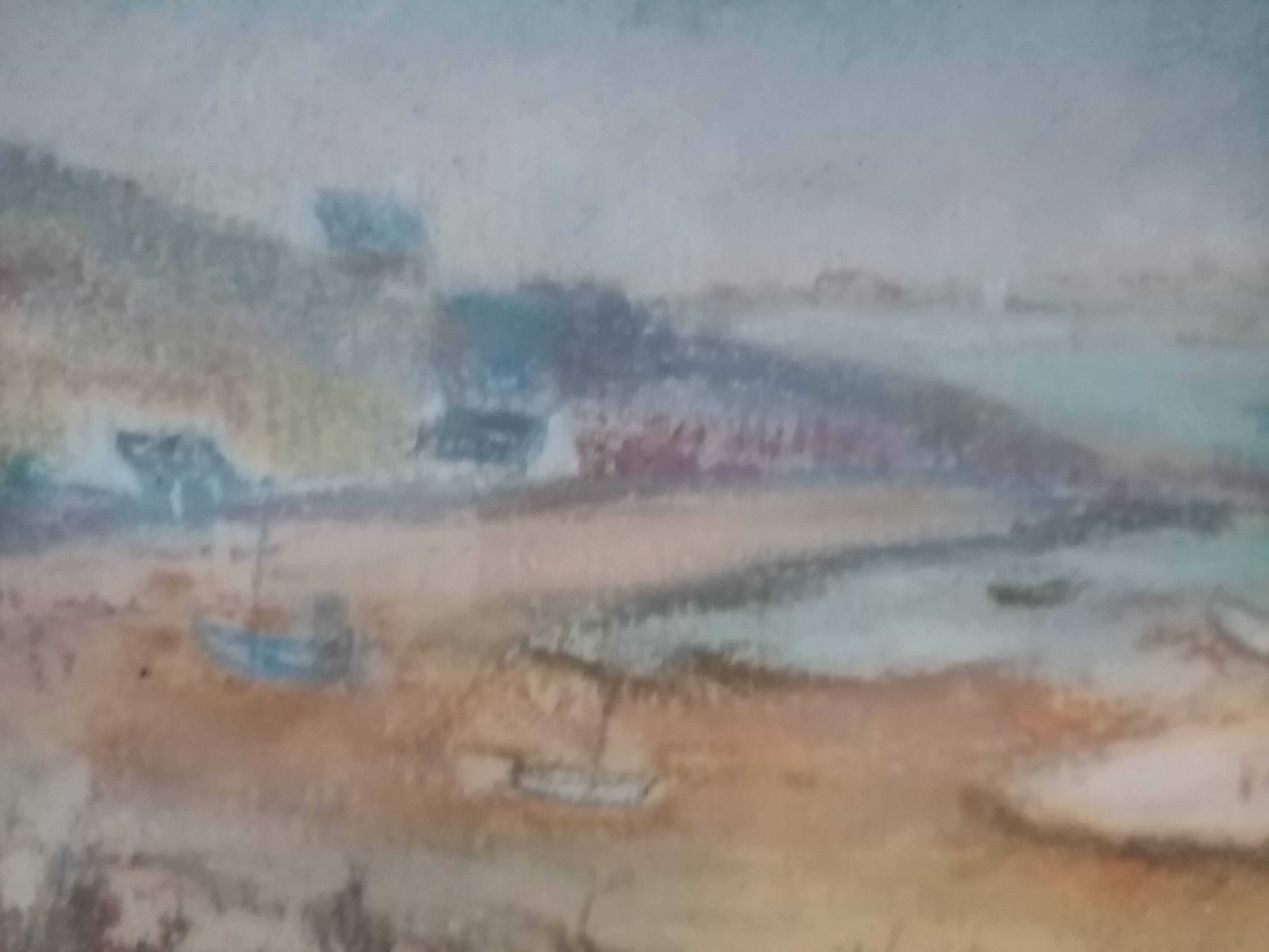 Old pastel painting decorated with a Breton port in autumn signed Antoine Dugois