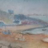 Ancien tableau au pastel decor de port breton en automne signe antoine dugois