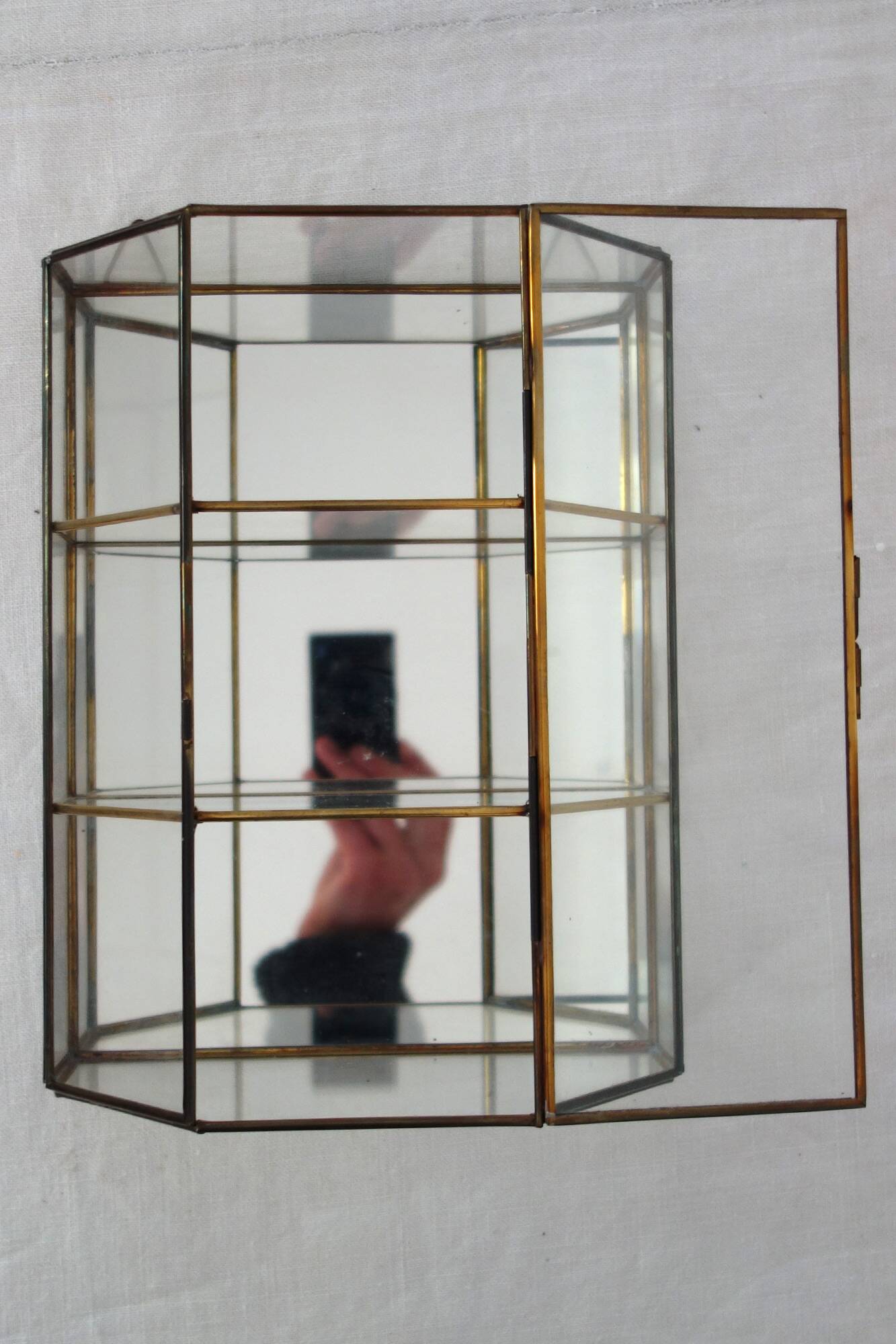 Vintage Wall Display Cabinet Glass, brass and mirror