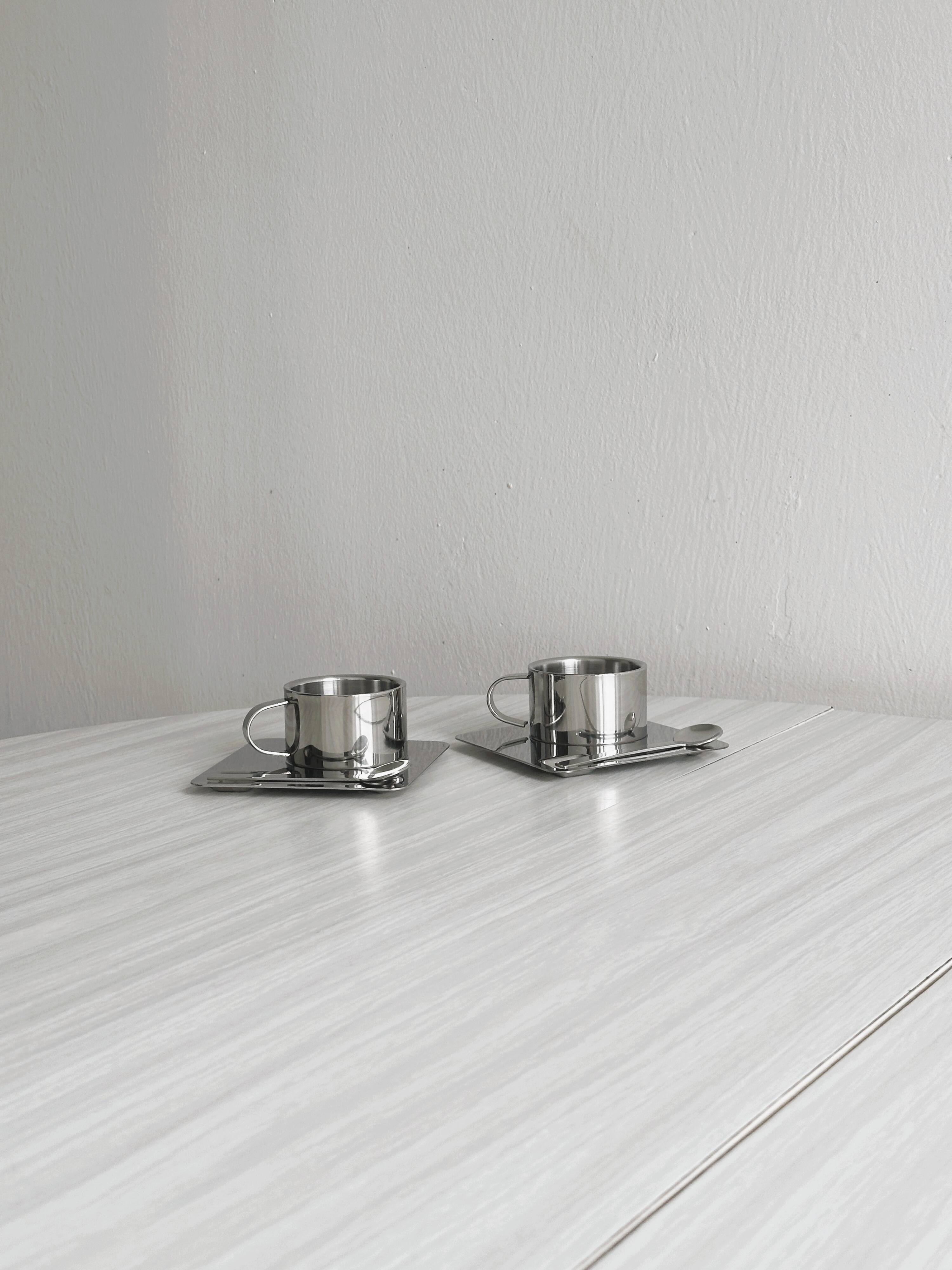 2 stainless steel espresso cups with tray and spoon