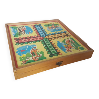 Ancien plateau jeux aube jeu de l’oie dames petits chevaux marelle en bois #a692