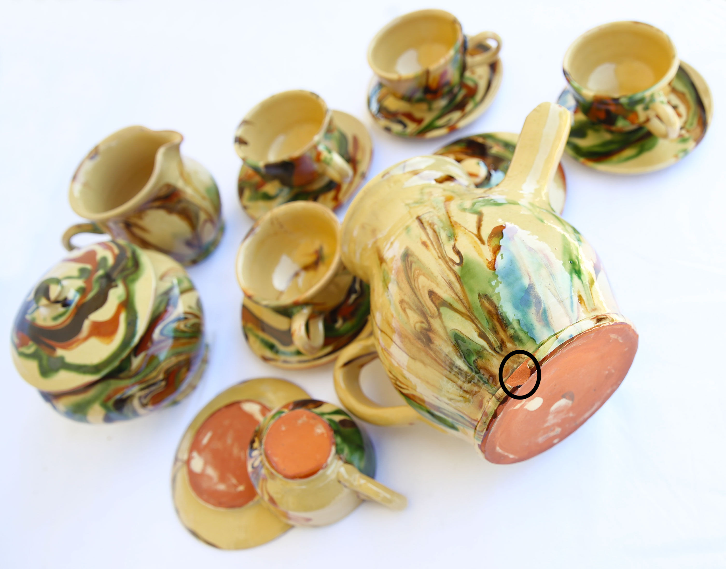 Yellow varnished earth coffee service with green/brown marbling