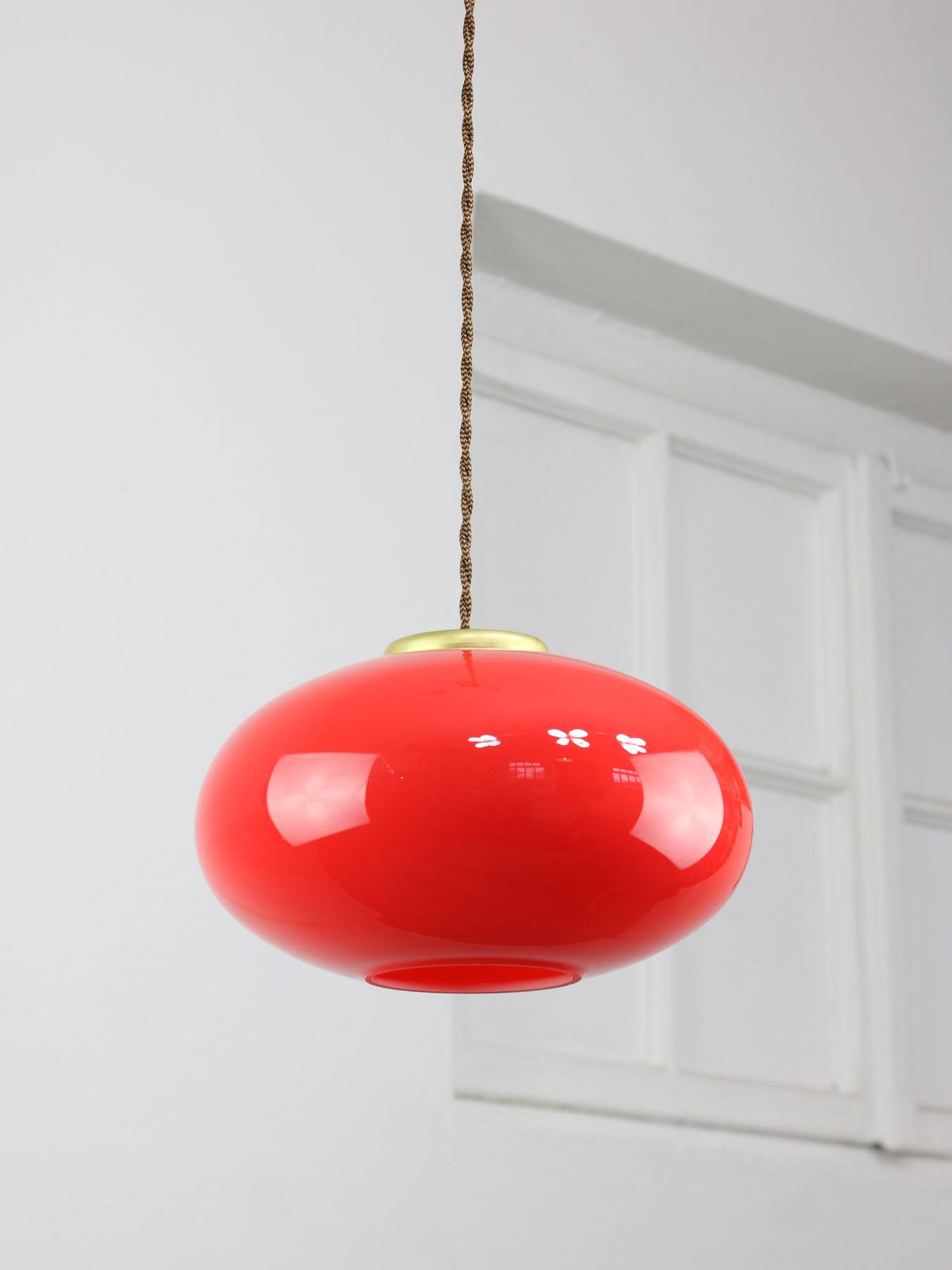 Mid-century Modern Italian Brass and Red Glass Pendant Lamp, 1960s