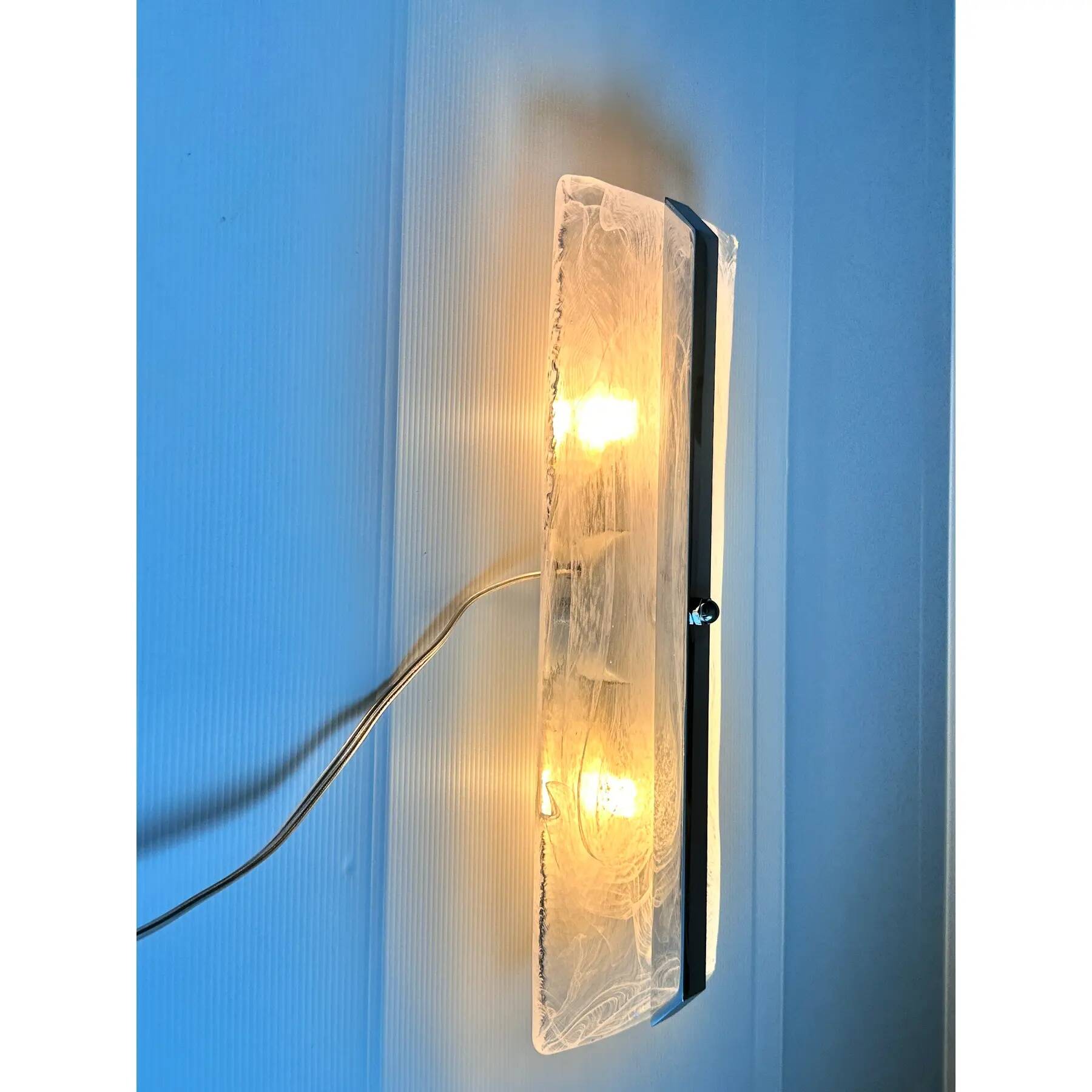 Contemporary Rectangular Venied-White "Alabastro" Murano Glass Chromed Wall