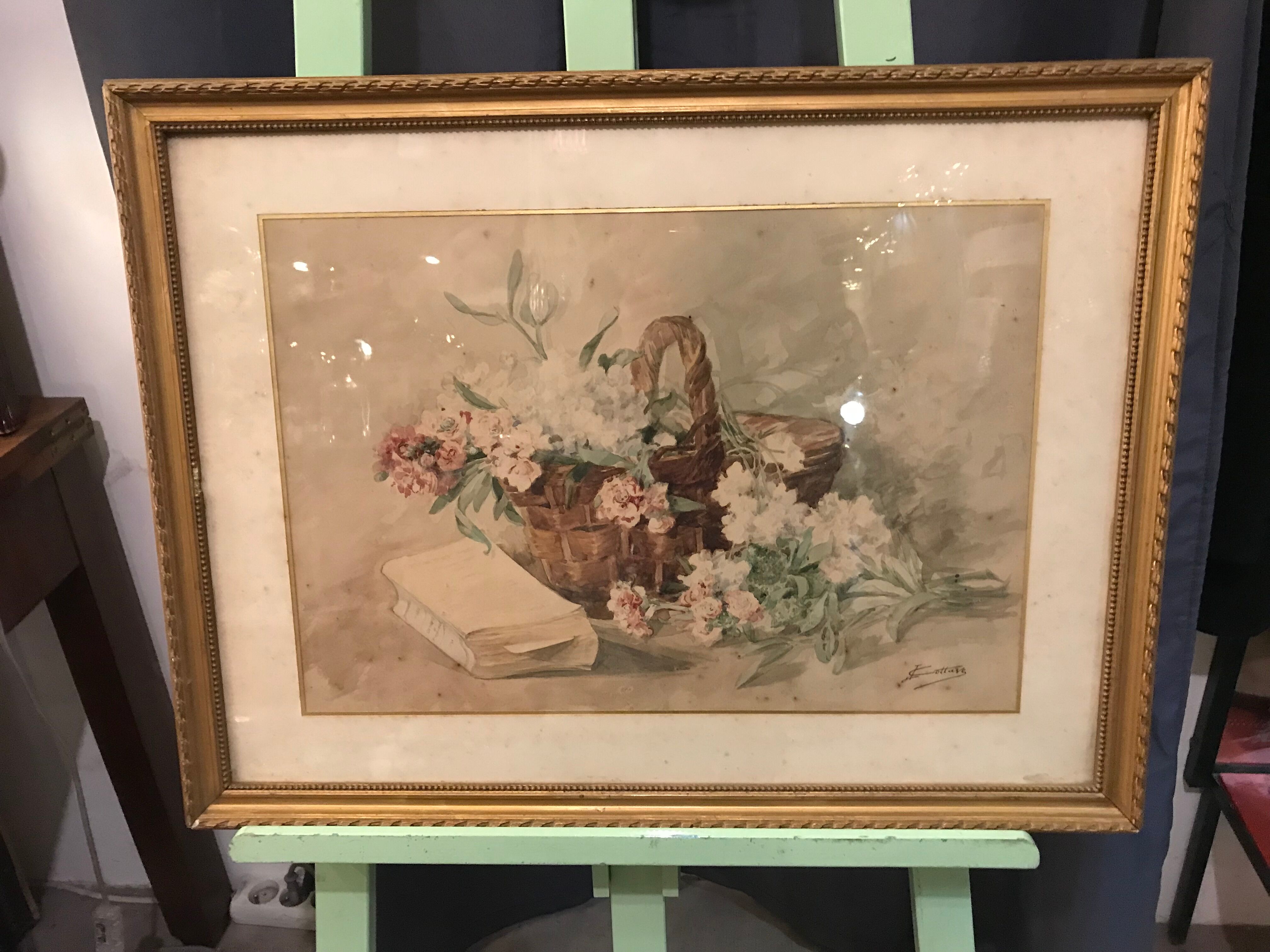 Basket of flowers watercolor painting - still life signed jeanne fabre cottave early twentieth