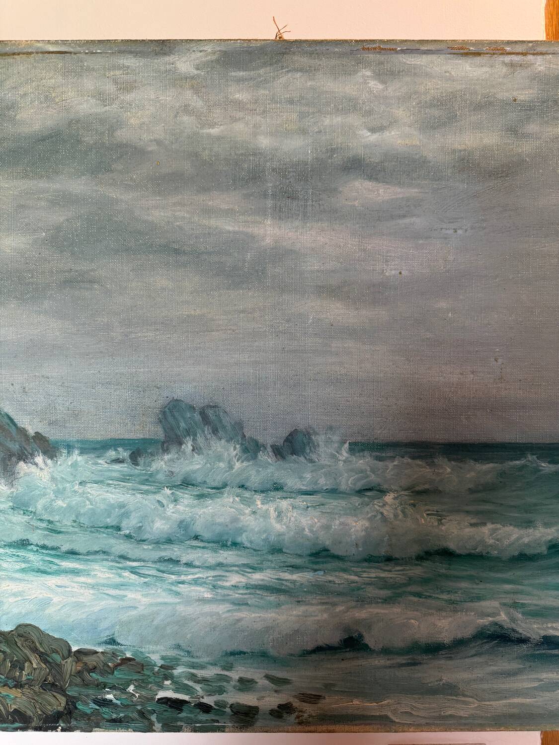 Ancient table, marine landscape, signed 20th century.