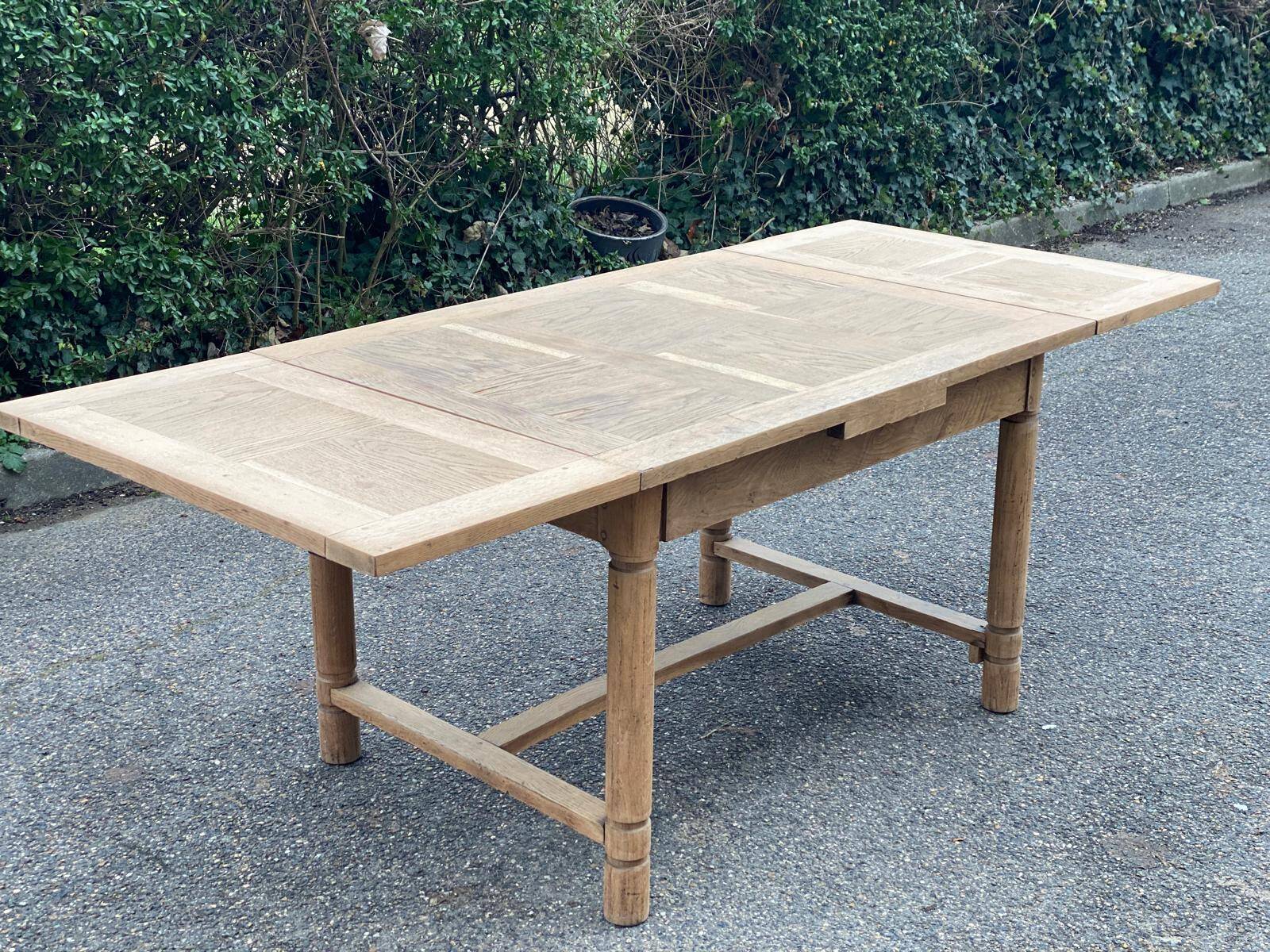 Renovated extendable farmhouse table in raw solid wood and marquetry 210cm