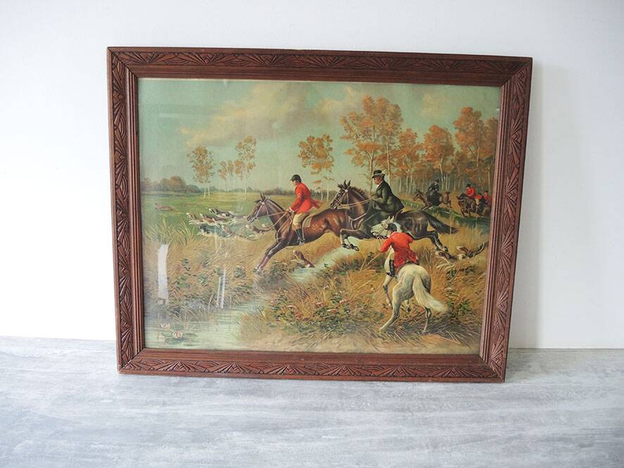 Old framed painting: hunting