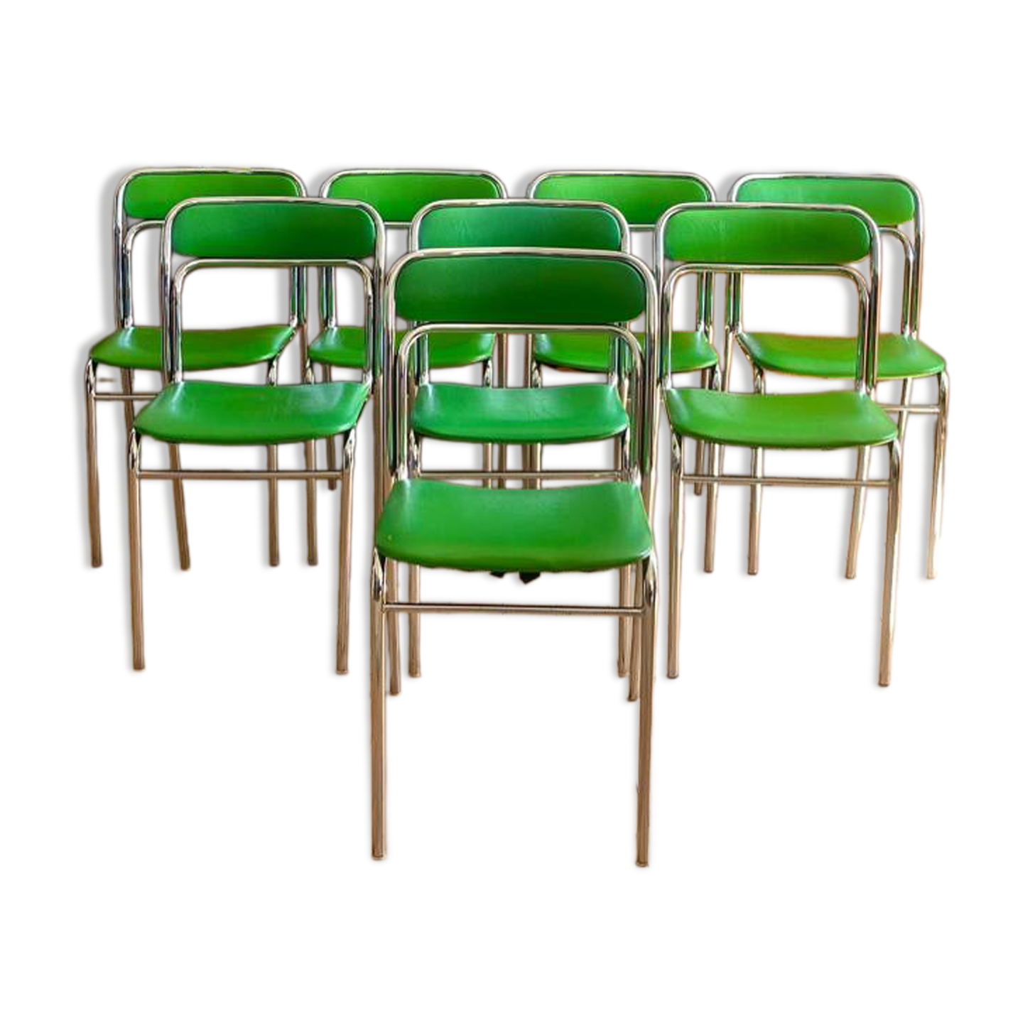 Série de 8 chaises Souvignet en chrome et skaï vert