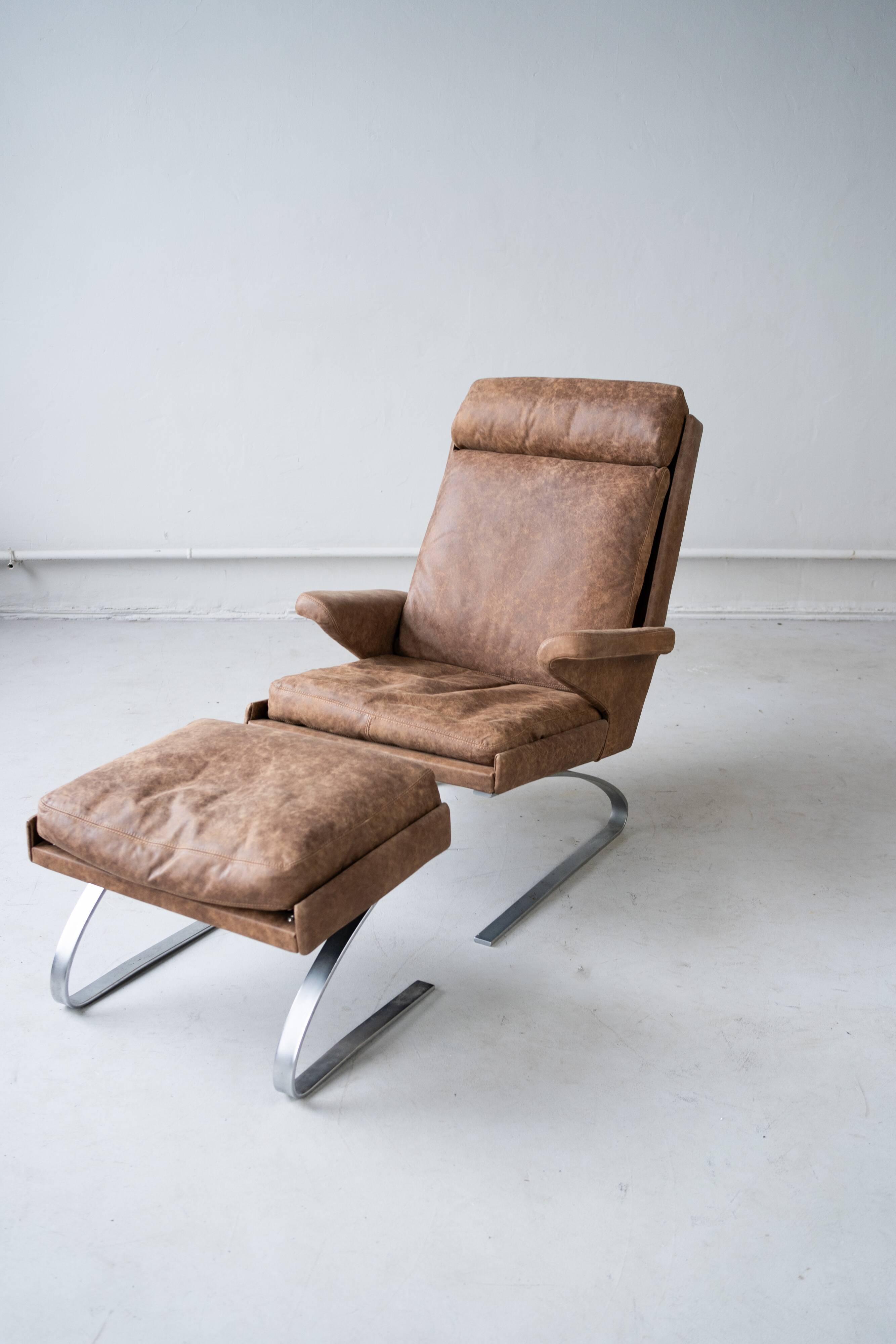 Vintage swing armchair and stool in leather by reinhold adolf for cor, 1970s, set of 2