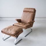 Vintage swing armchair and stool in leather by reinhold adolf for cor, 1970s, set of 2
