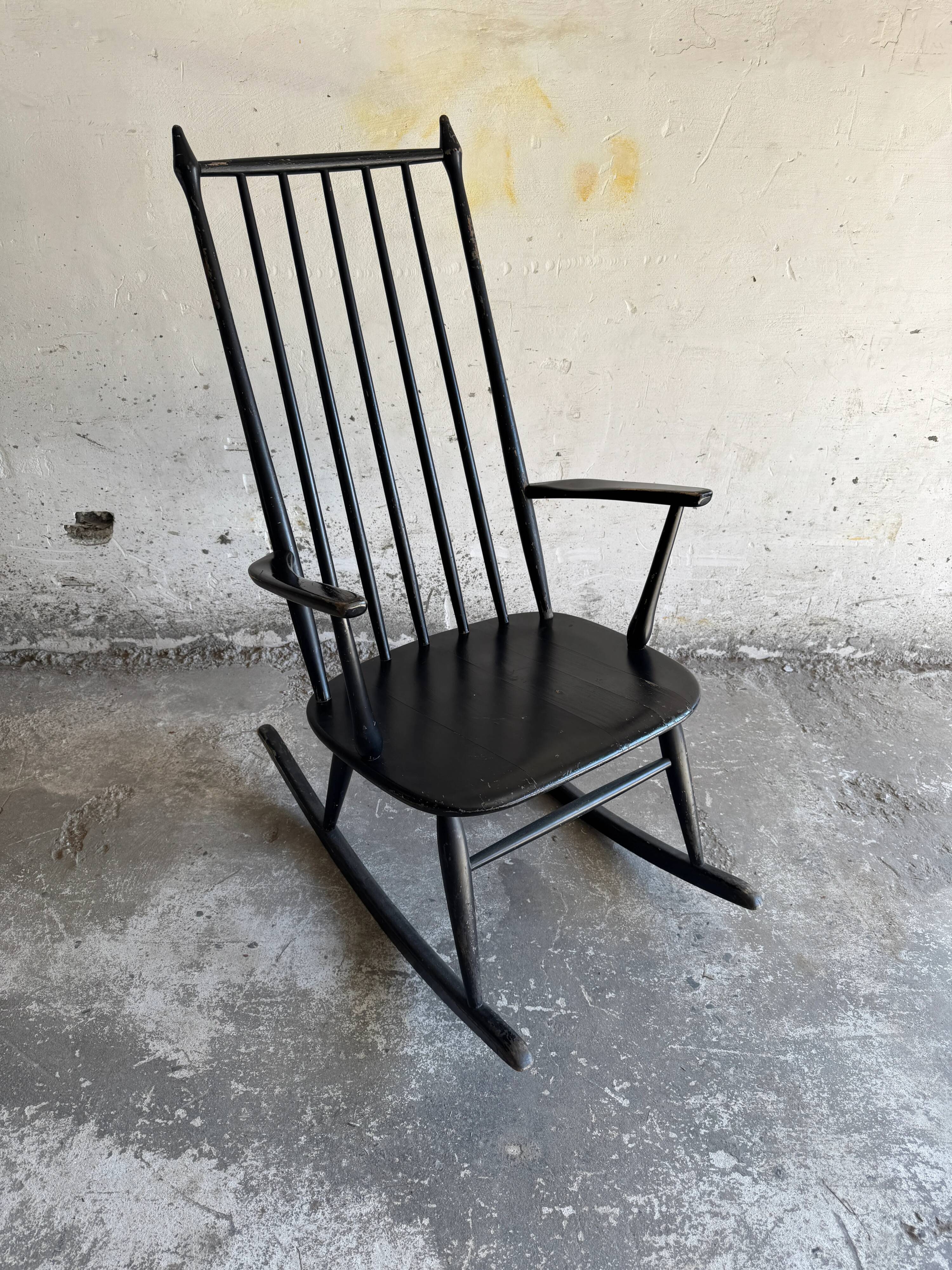 Black solid wood Scandinavian Windsor rocking chair — tall spindle back, mid-20th century