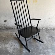 Black solid wood Scandinavian Windsor rocking chair — tall spindle back, mid-20th century