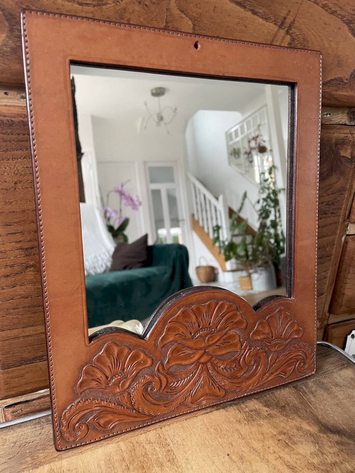 Brown embossed leather mirror