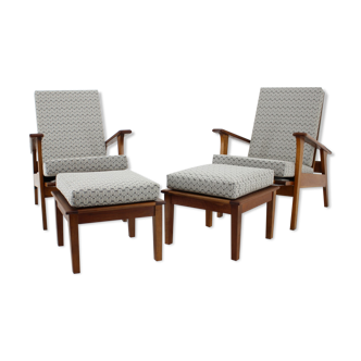 1930s Pair of Antonin Heythum Very Rare Armchairs + Stools, Czechoslovakia