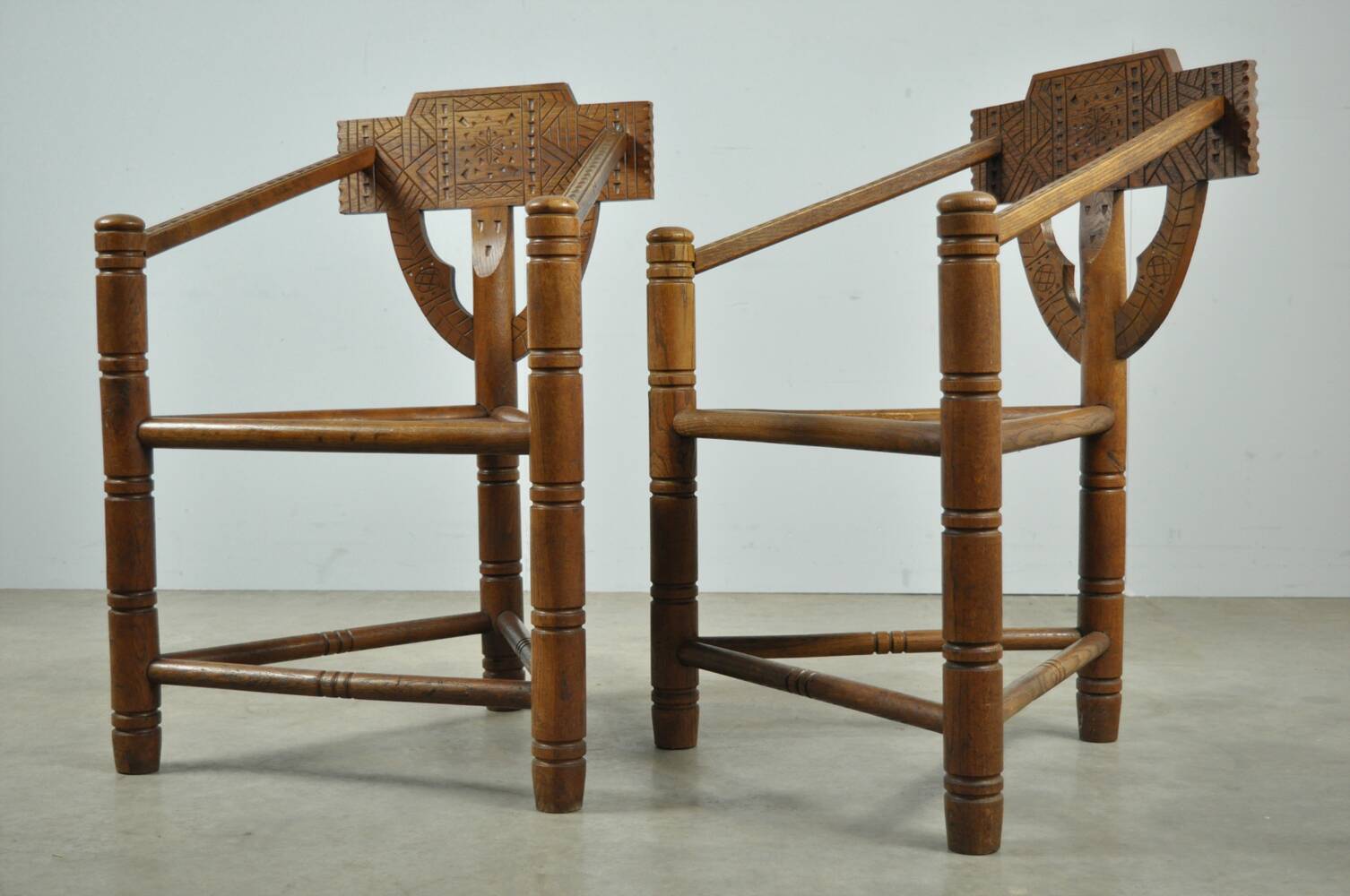 Pair of vintage antique Scandinavian oak Monk chairs, Sweden 1950s