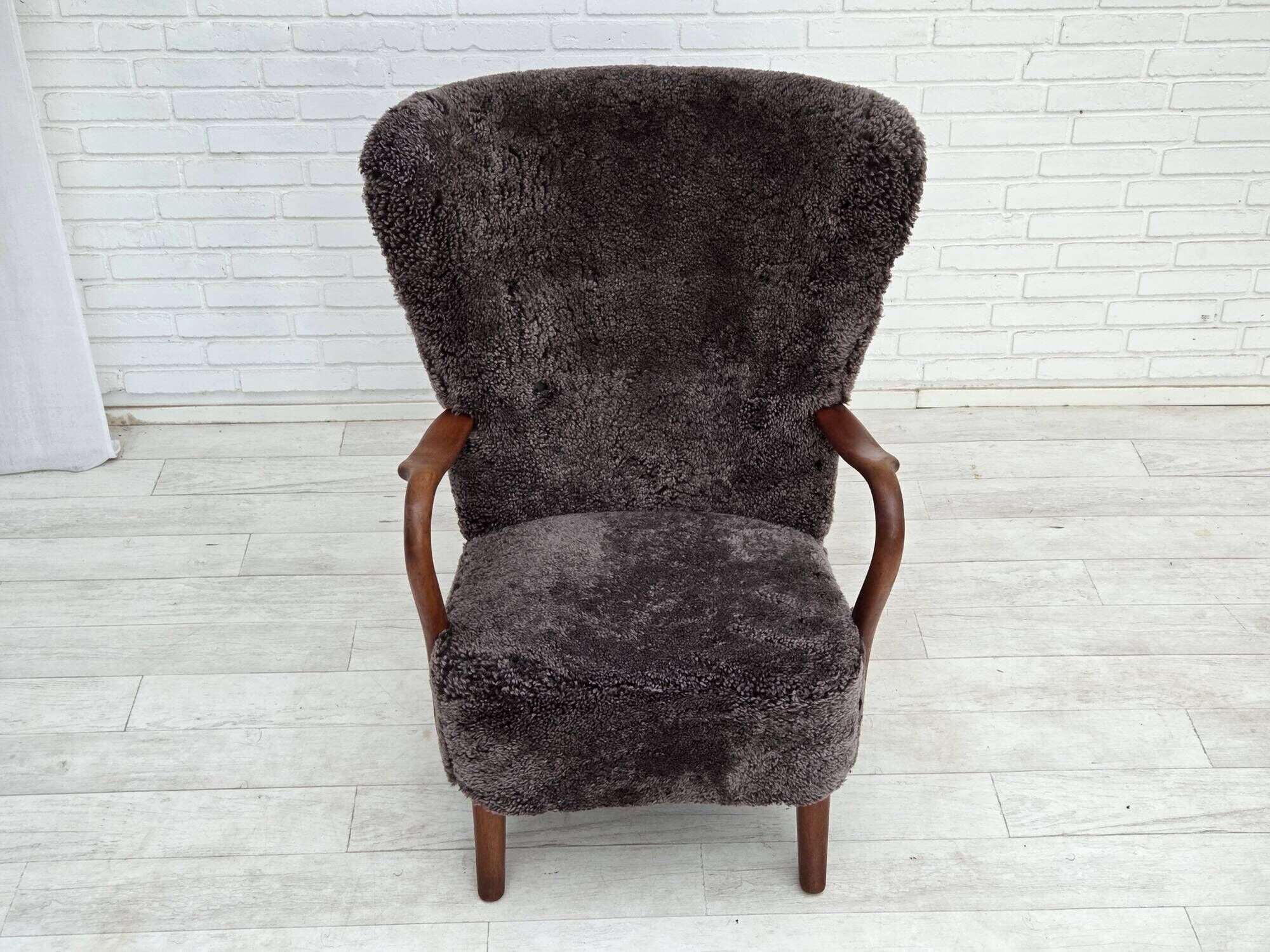 1960s, Danish armchair, reupholstered, genuine sheepskin.