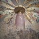 Suspension, lustre, pale fleurs, rotin et globe vintage