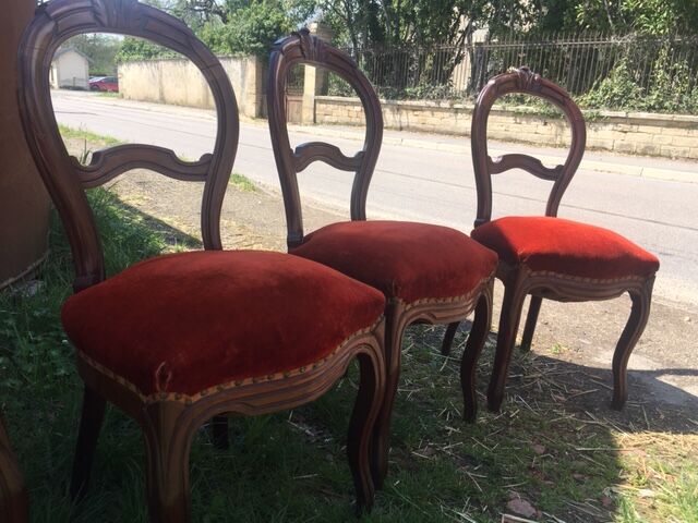 lot of 4 chairs Castle Chippendale, Louis XV late 1800s red velvet