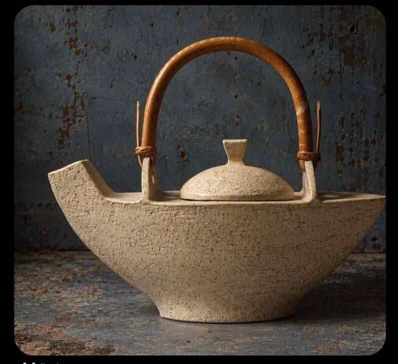 Unique Danish Studio Pottery – sculptural teapot with a bamboo handle;