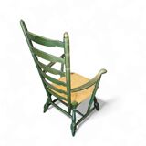 Vintage transparent green wooden arm chair / rush seat / high back ladder chair