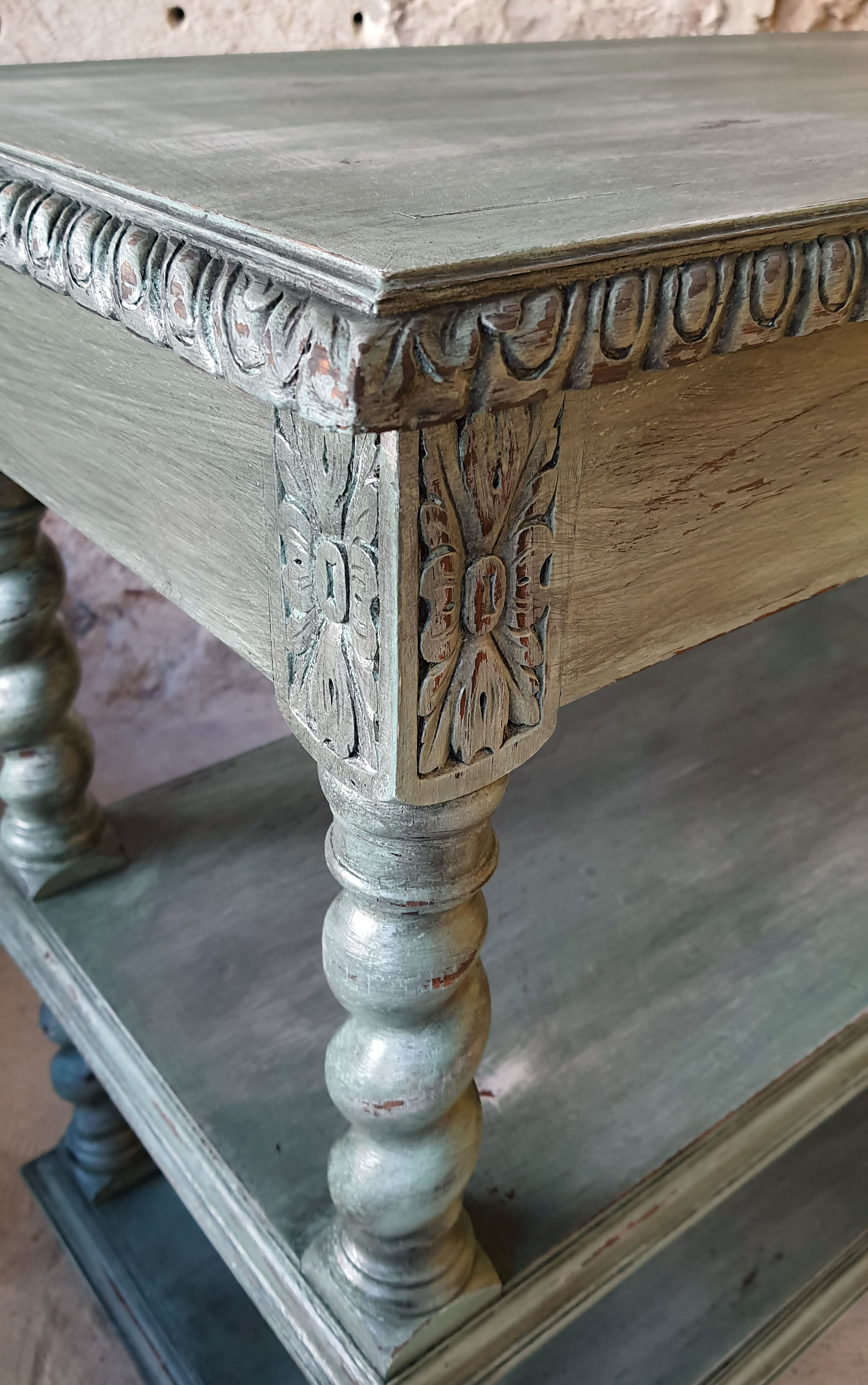 Console Louis XIV shabby chic - sage green patina