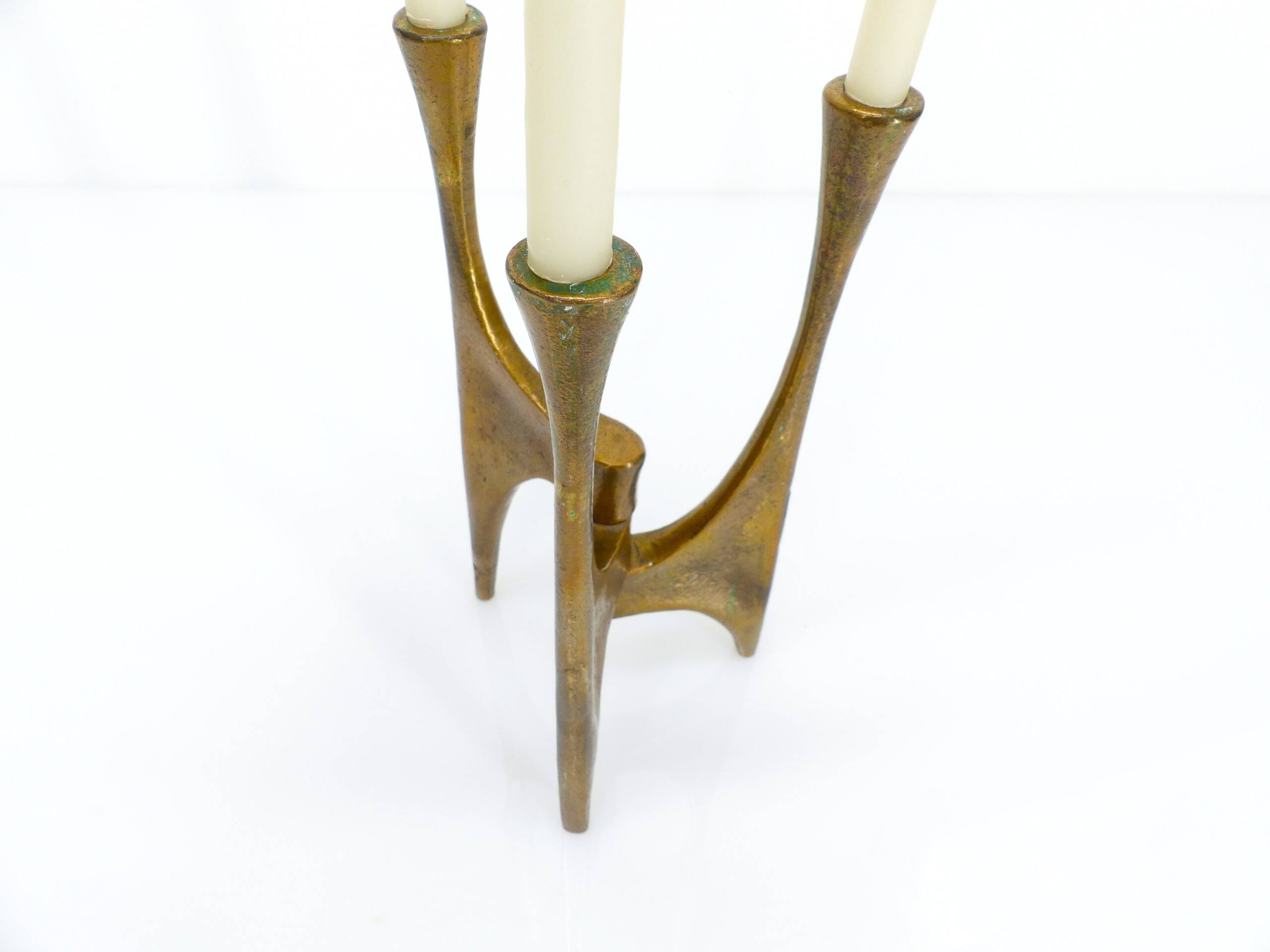 Brutalist tripod chandelier in bronze, Michael Harjes, Germany, 1960.