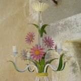 Vintage chandelier in painted sheet metal with flowers