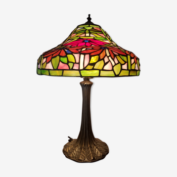 Lampe Tiffany, pied  bronze, abat-jour pâte de verre sablée