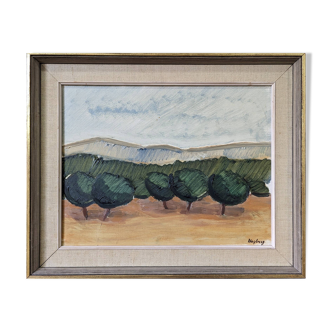 Peinture à l'huile de paysage semi-abstraite suédoise moderne du milieu du siècle « Arbustes », encadrée