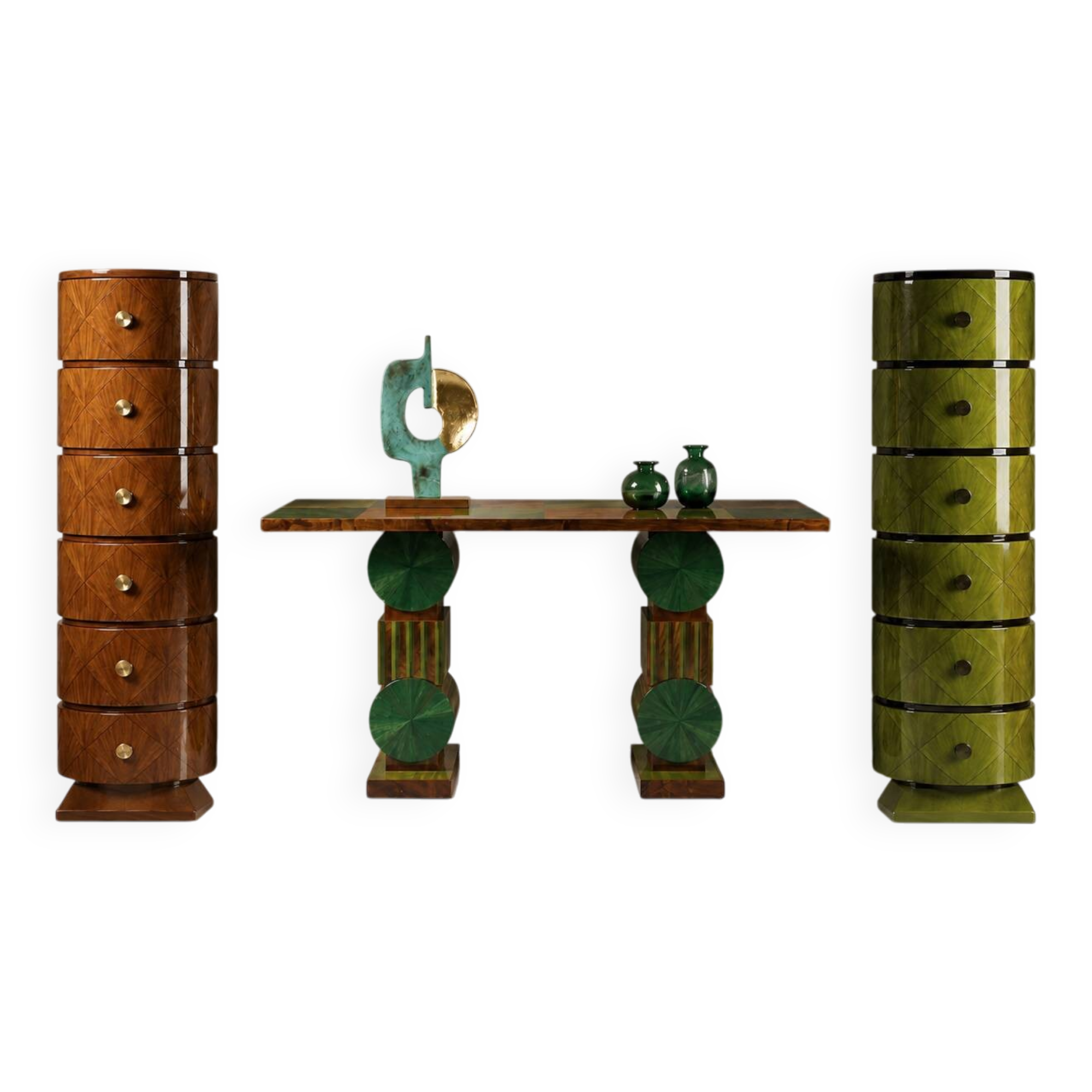 Two ragmen & an Art Deco console table in marquetry and beech.