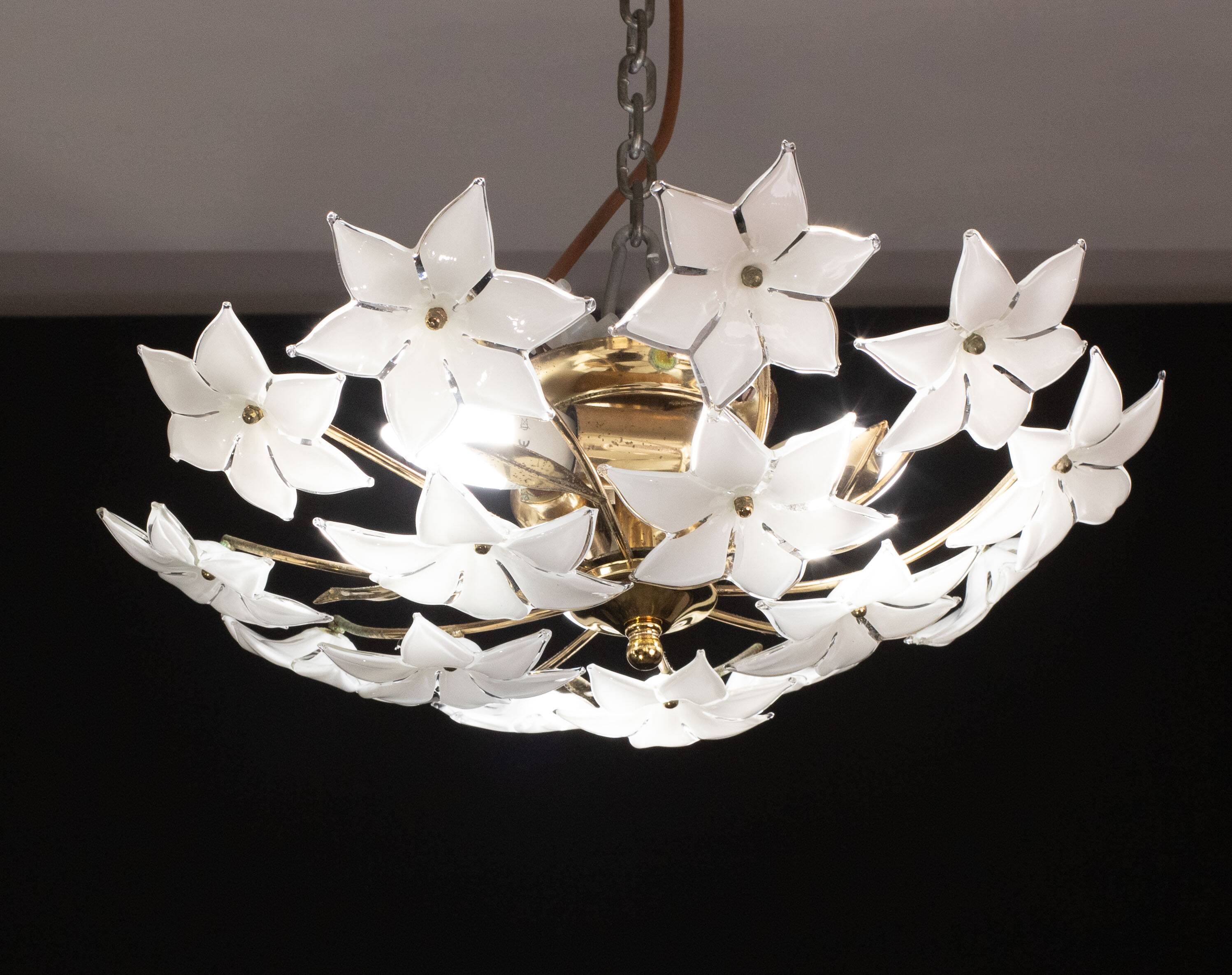Charming Vintage Murano Ceiling Light White Flowers, 1960s