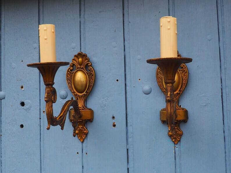 Vintage Rams Head French Bronze Wall Sconces Wall Lights C1930s Pair