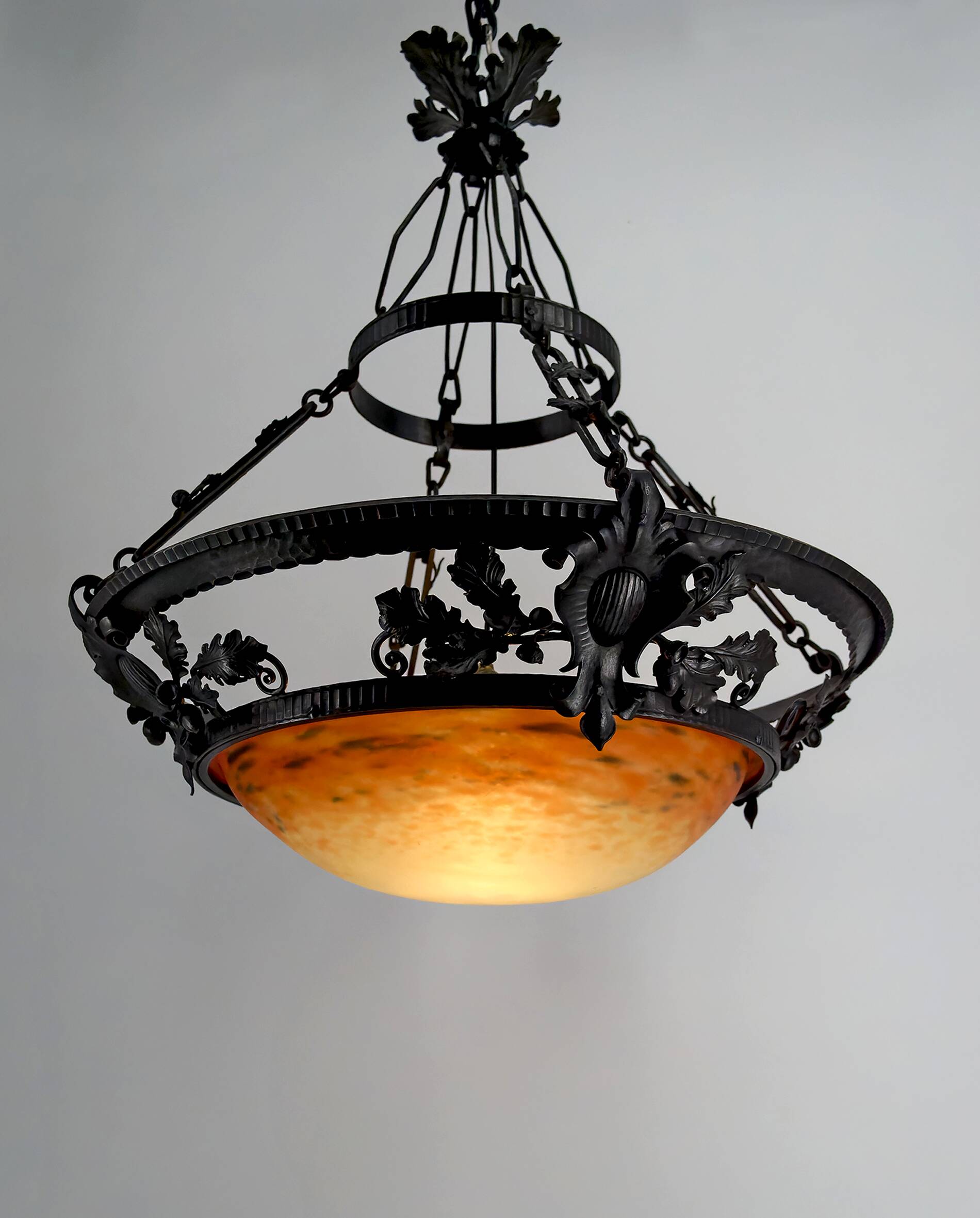 Wrought Iron and Glass Paste Pendant Light, Art Nouveau / Art Deco, Early 20th Century