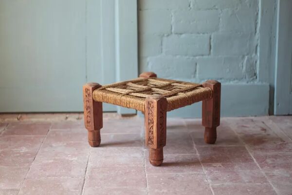 Tabouret vintage, tabouret bois avec cordes, tabouret bas, tabouret ethnique, décoration intérieur, stool