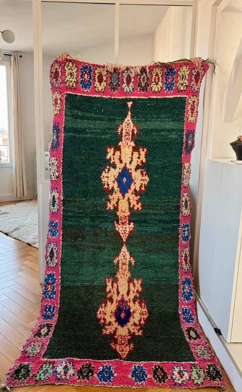 Berber boucharouite rug in emerald green