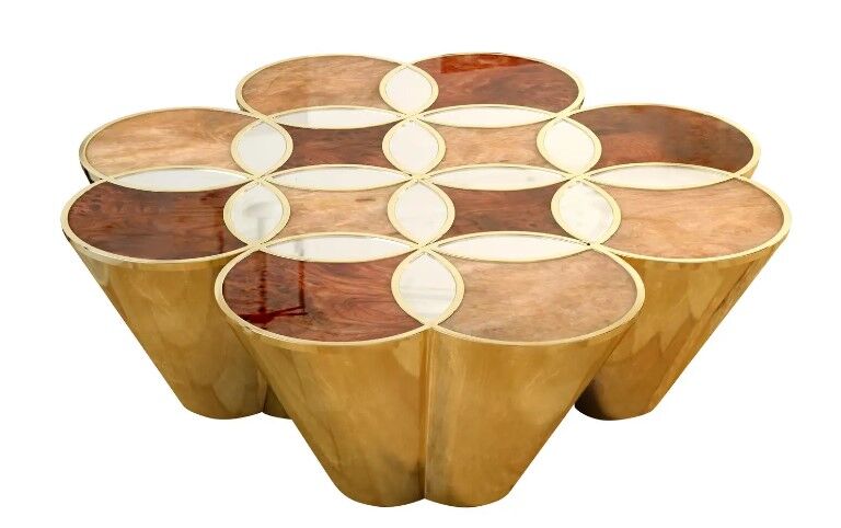 Sublime Ethnos coffee table - walnut root, marble, gold leaf finish and varnish