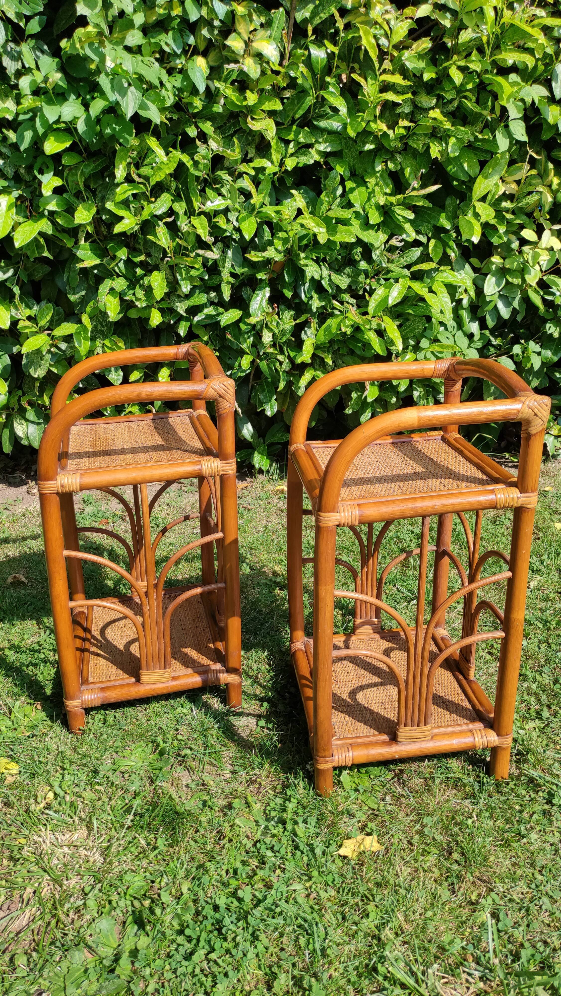 Bamboo and rattan bedside table pair