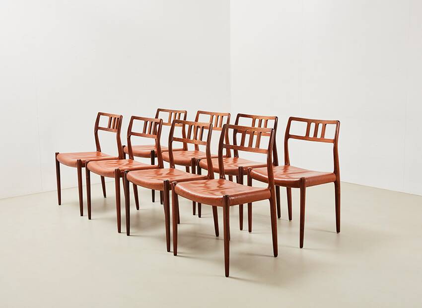 Niels Otto Moller Set of 8 Model 79 Dining Chairs in Rosewood and Leather for JL Mollers 1966