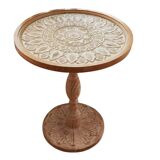 Vintage Round Solid Wood Side Table, French Retro Style, Moroccan Carvings Accent Corner Table