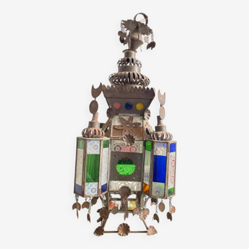 19th century metal and colored glass hanging lantern