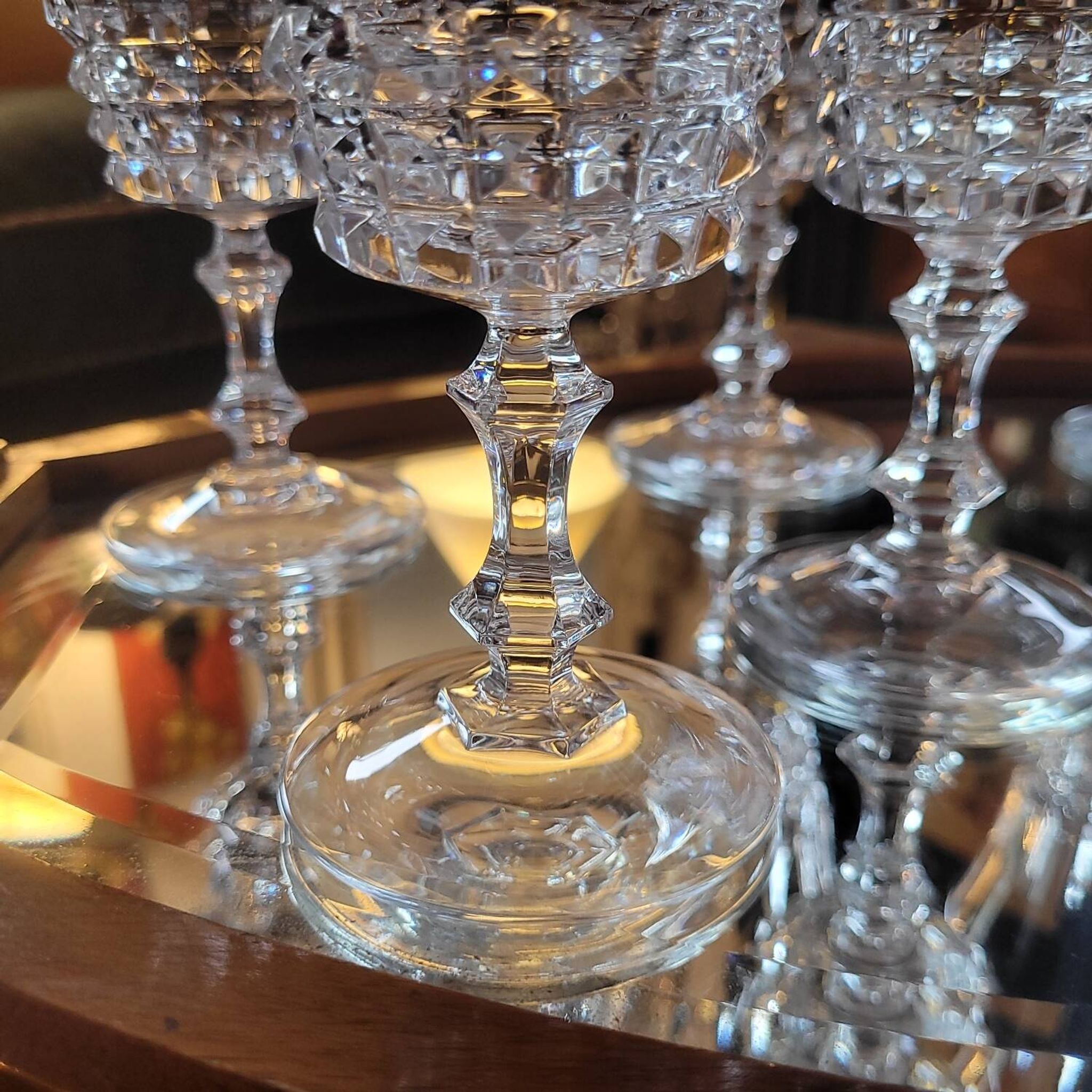 Set of 9 fine cut crystal stemmed glasses - France, circa 1950