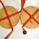 Pair of stools, red lacquered legs & wooden seat 1980s