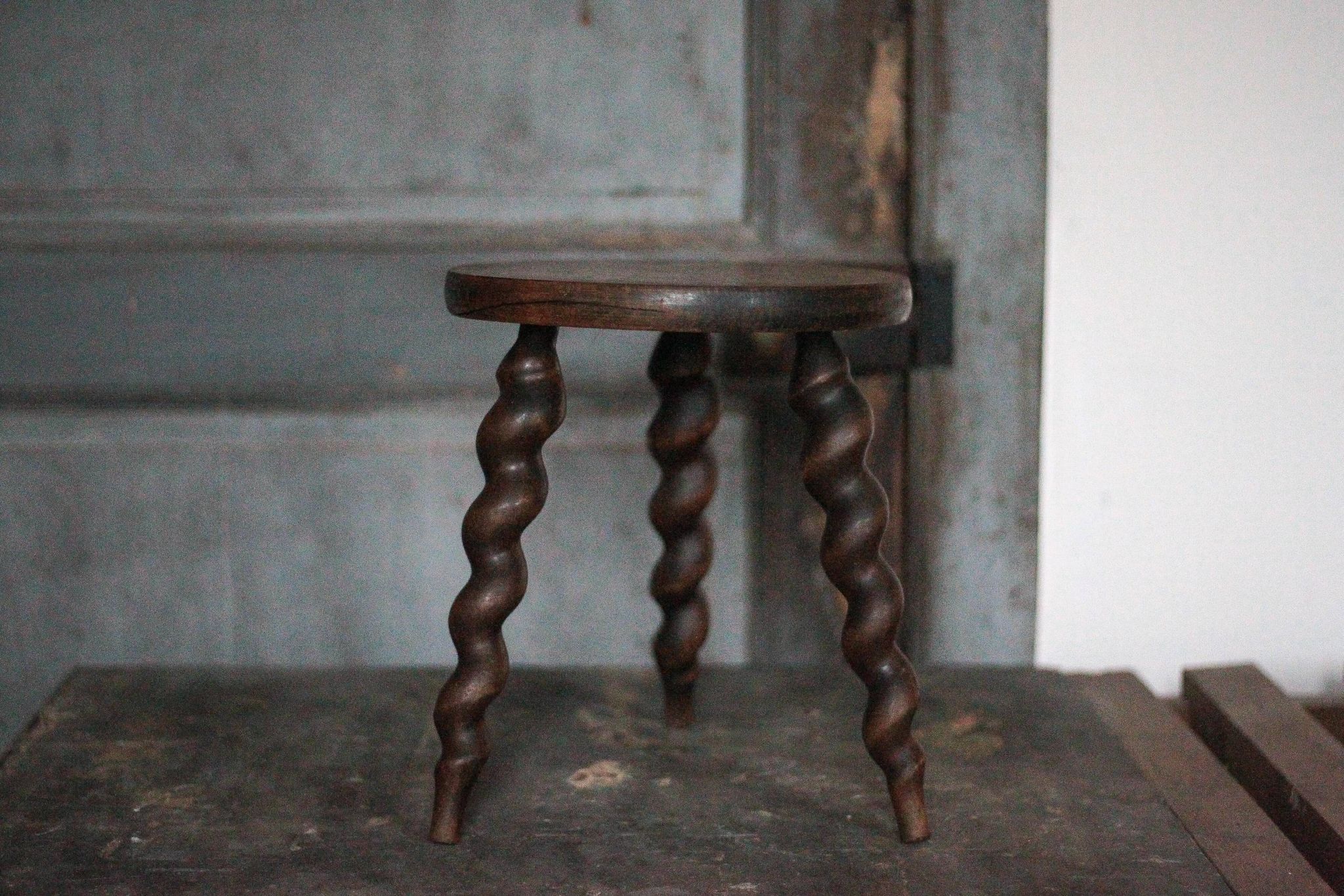 Vintage stool, wooden stool, tripod stool with turned legs, plant stand.