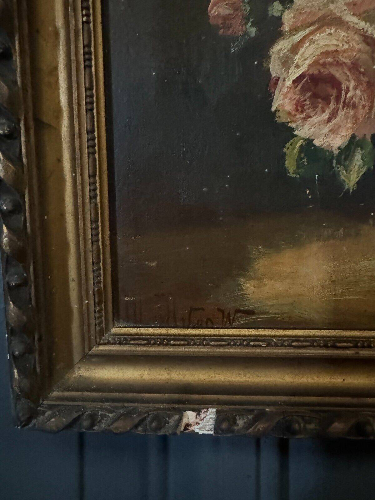 Oil on panel signed still life bouquet of roses 1936